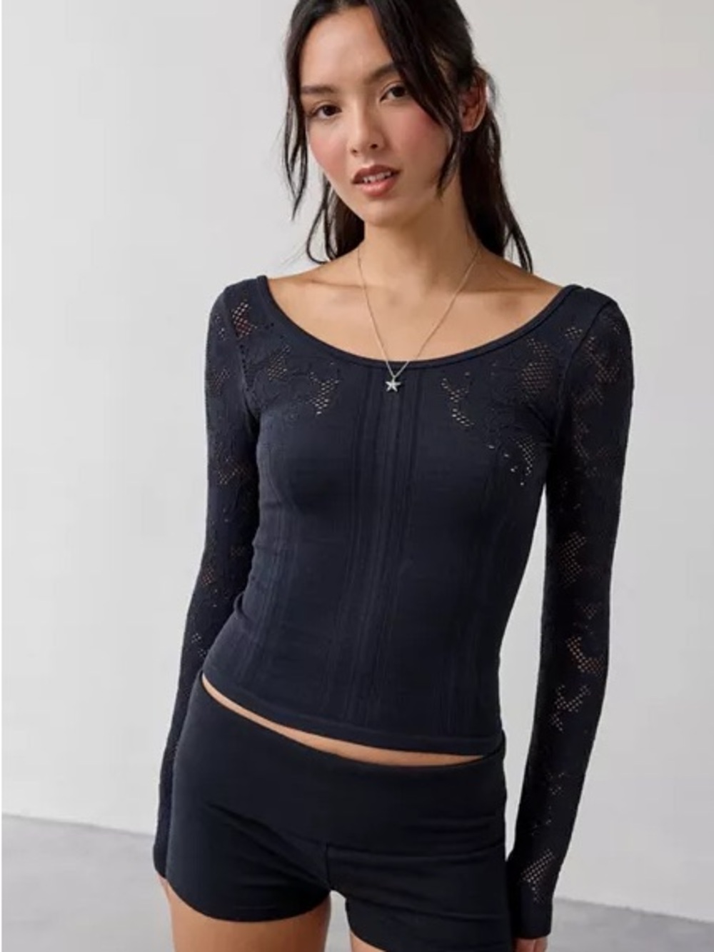 Urban Outfitters Black Scoop Neck Long Sleeve Lace Top
